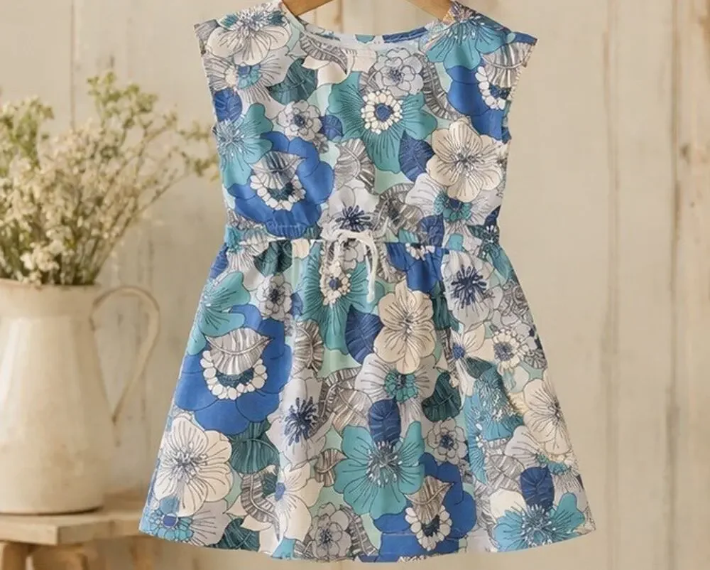 Gap Kids Girls 100% Cotton Blue Floral Elastic Waist Dress Size S 6-7
